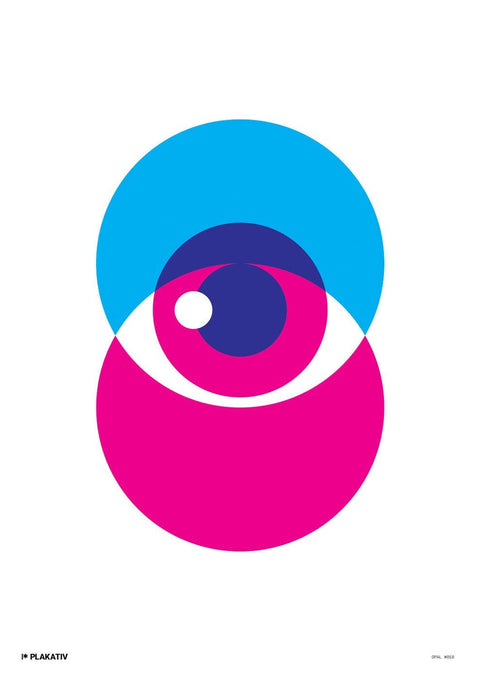 Ein blaues und rosafarbenes Auge mit weißem Hintergrund im Opal Grafikdesign.
