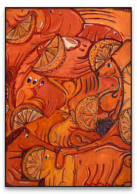 Eine ausdrucksstarke Komposition von Orangen auf Leinwand in einem Rahmen.