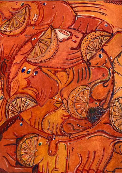 Eine ausdrucksstarke Komposition eines Gemäldes mit einer Gruppe Orangen vor einem roten Hintergrund auf Leinwand.
