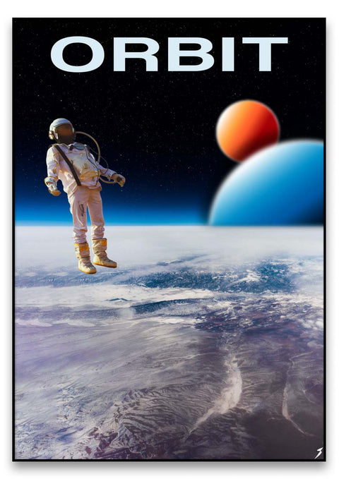 Ein Plakat mit der Aufschrift „Orbit“ und Weltraum.