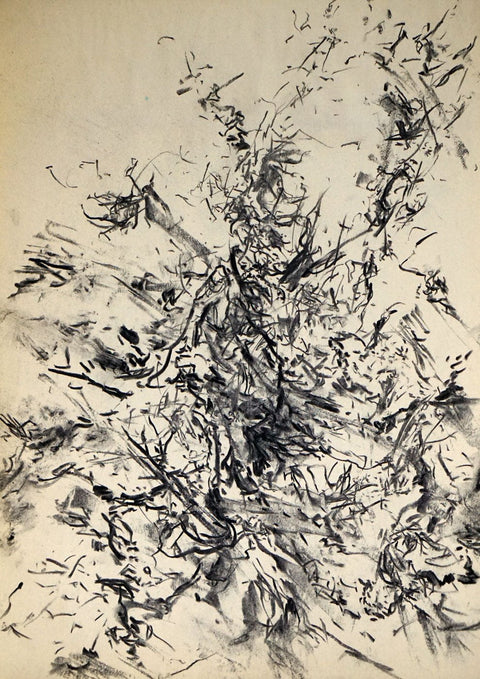 Eine Schwarz-Weiß-Zeichnung eines Baumes mit dynamischen Strichen - Portrait.