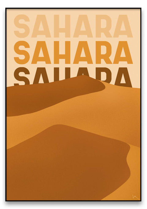 Ein beiges Poster mit der Aufschrift „Sahara“ in eleganter Typografie.