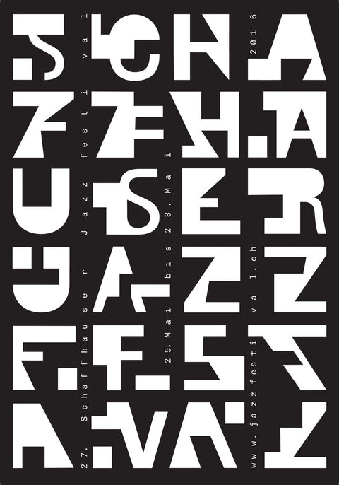 Ein schwarz-weißes Schaffhauser Jazz-Design für ein Jazzfestival mit verschiedenen Formen und Typografie.