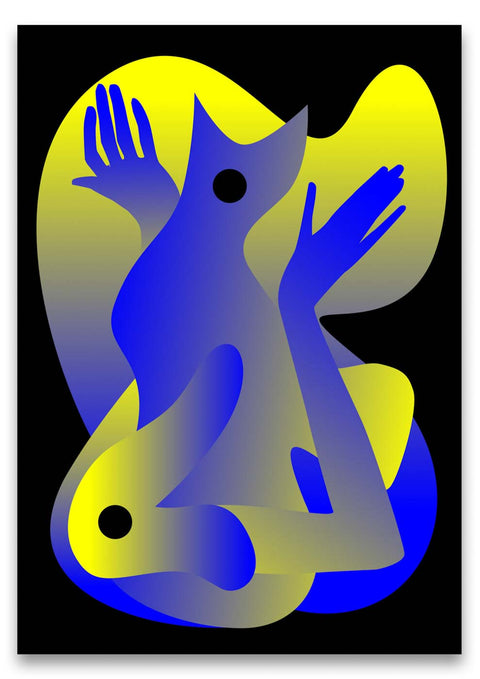 Eine Séparée im Kauz Zürich Nr.3 Design Zeichnung einer Katze mit blauen und gelben Formen.