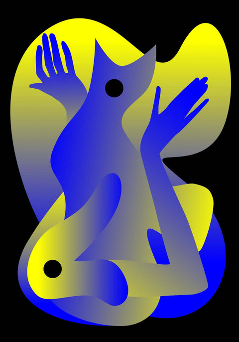 Eine blaue und gelbe abstrakte Grafik des Séparée im Kauz Zürich Nr.3.