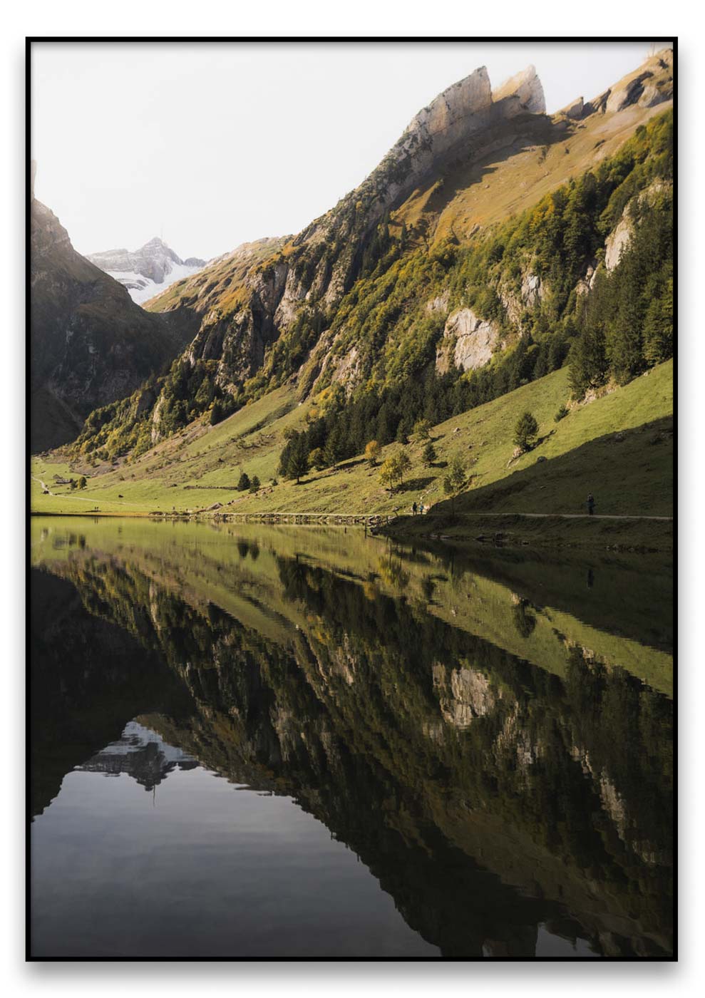 Ein Seealpsee, umgeben von Bergen und Bäumen, der ein perfektes Spiegelbild der Natur bietet.