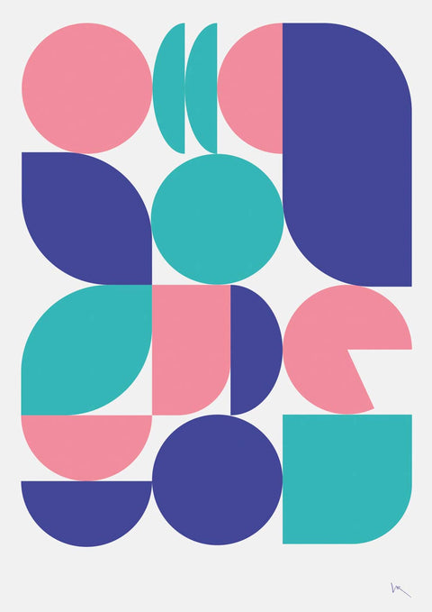 Ein abstraktes Design in Rosa, Blau und Grün mit Shapes II.
