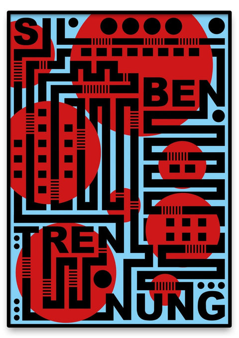 Ein typografisches Poster mit kontrastreicher Silbertrennung in Rot, Blau und Schwarz.