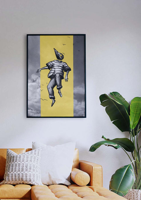 Eine Illustration eines Mannes, der in der Luft über einem Skipp in einem Wohnzimmer fliegt.
