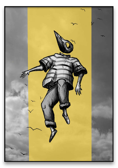 Eine Illustration eines Mannes, der in der Luft fliegt, umgeben von Skipp.