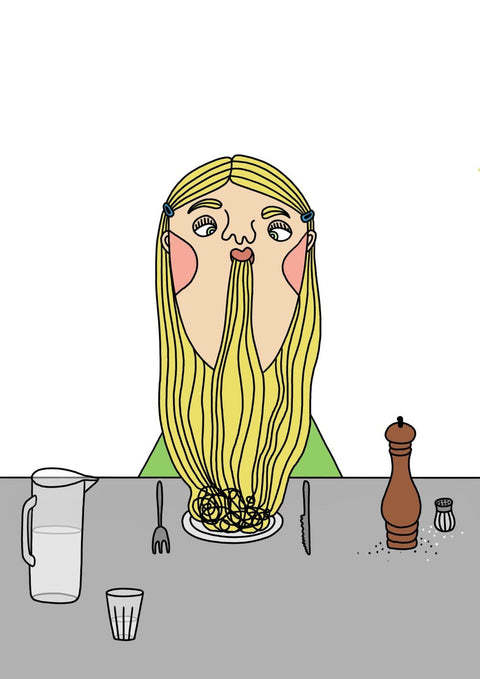 Ein Mädchen mit langem Bart sitzt an einem Tisch und isst Spaghetti-Haare.