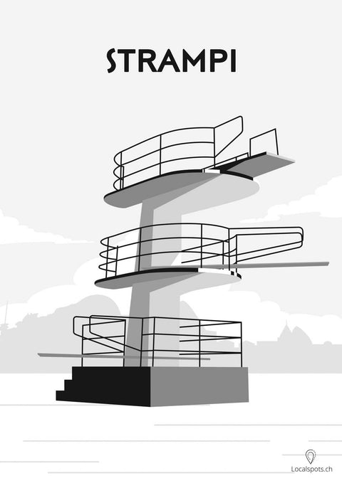 Eine schwarz-weiße Architekturillustration eines spiralförmigen Treppenhauses mit dem Wort Strampi.
