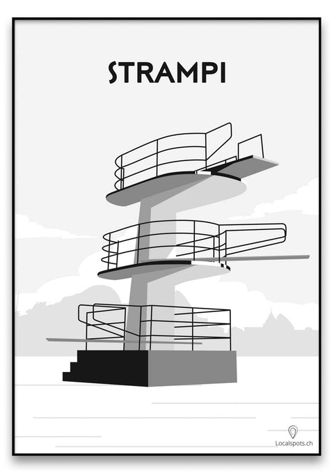 Ein Schwarz-Weiss-Poster von einem spiralförmigen Treppenhaus mit dem Wort „Strampi“ darauf.