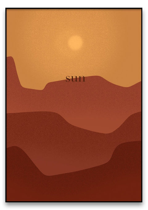 Eine Illustration einer Wüstenlandschaft mit den Worten „dies“ und einer Sonne.