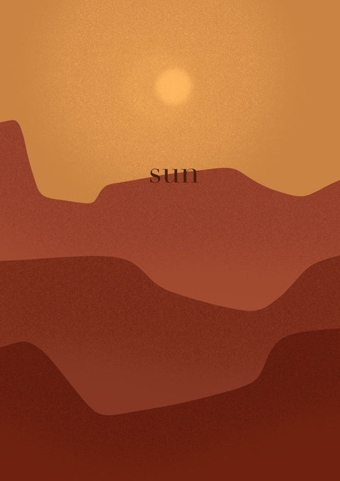 Eine Illustration der Sonne, die über einer Wüste aufgeht und die Landschaft in ein majestätisches Braun-Kunstwerk verwandelt.