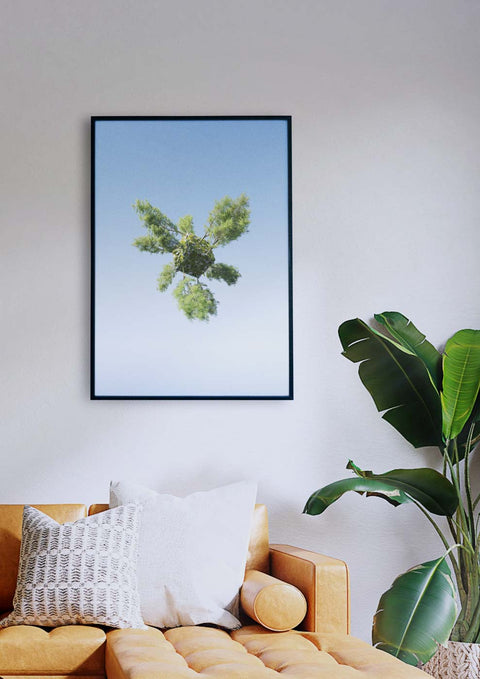 Ein gerahmtes Tesseract-Foto eines Baumes in einem Wohnzimmer.