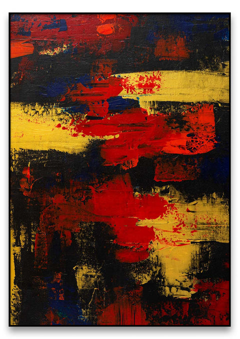 Ein abstraktes Torna a casa mit einer Farbpalette aus Rot, Blau und Gelb.