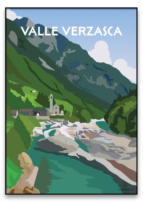 Ein Valle Verzasca-Poster mit einer Natur Grafik-Illustration darauf.