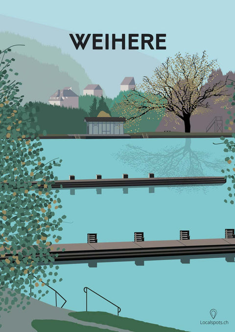 Ein Poster von einem Teich mit dem Wort „Weihere“ darauf, in der Stilrichtung Malerei & Illustration.