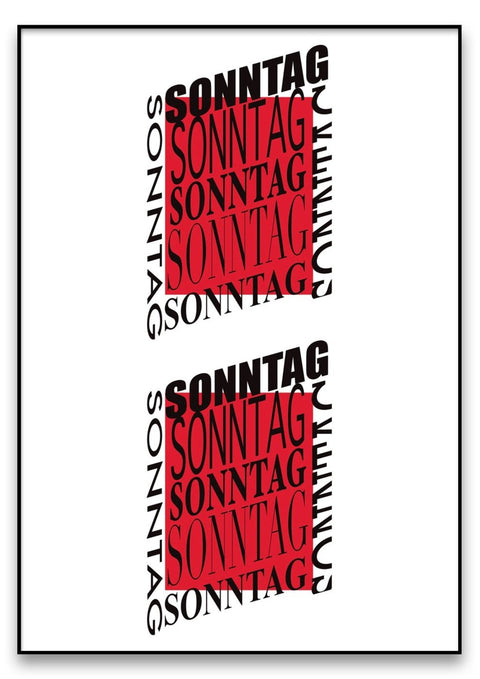 Zwei schwarz-rote Banner mit der Aufschrift „White Sunday“ in Typografie.
