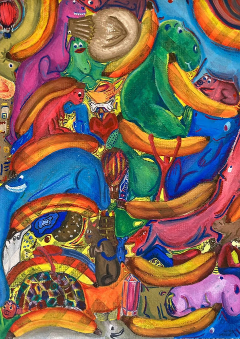 Ein Wimmelbild von einer Gruppe farbenfroher Tierfiguren.