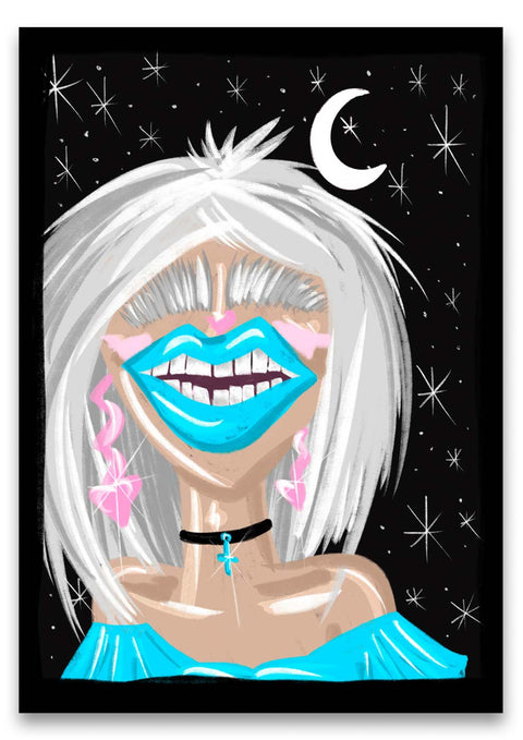 Eine Illustration einer Frau mit blauen Lippen und einem Stern am Hexenhimmel.