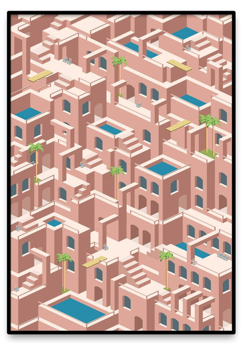 Eine Illustration einer rosa Stadt mit Gebäuden und Pools in Without the Splash.
