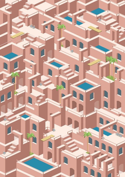 Eine pinkfarbene Stadt mit Gebäuden, Palmen und einer isometrischen Darstellung von Without the Splash.