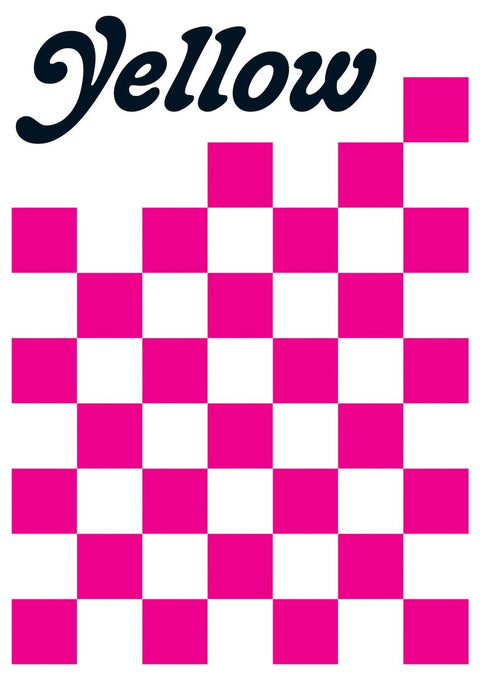 Ein rosa-weißes Schachbrettmuster mit dem Wort Yellow.