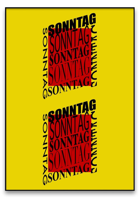 Zwei schwarze und rote Quadrate mit der Aufschrift „Yellow Sunday“ in Typografie.