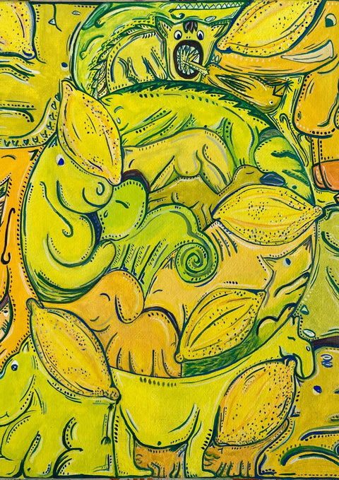 Eine Malerei mit Zitronen und grünen Tieren auf einem gelben Hintergrund.