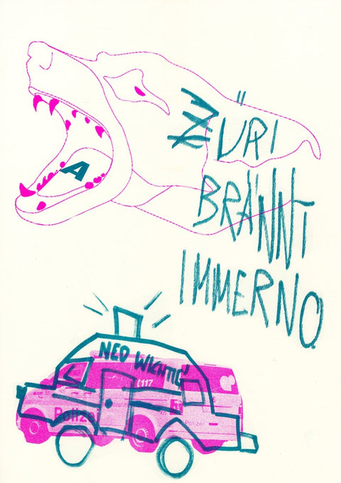 Eine Zeichnung eines Züri brännt-Autos mit der Aufschrift „zli brannt imerno“, erstellt von lokalen Künstlern und gedruckt von stella.indd Qualitätsdruckereien.