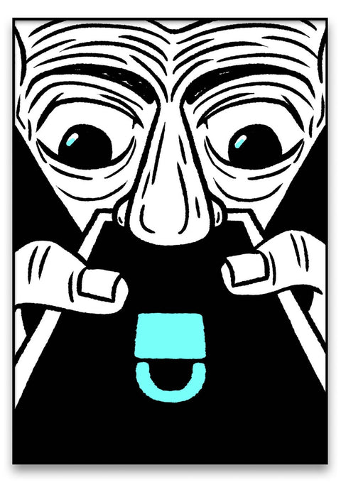 Eine Schwarz-Weiß-Illustration eines Mannes mit blauem Mund, perfekt für Kunstbegeisterte und kunstschaffende Künstler – Aufmerksamkeitsspanne 6.