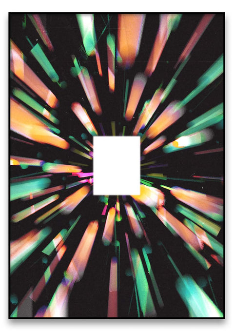 Ein Bild eines Quadrats mit energischem Muster aus farbigen Lichtstrahlen.