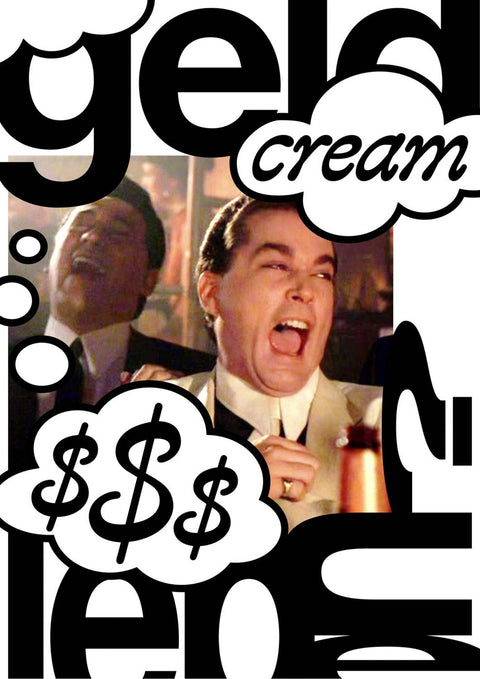 Ein Schwarz-Weiß-Bild eines Mannes mit einem Geld-Leben-Logo im Pop-Art-Design.