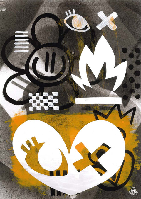 Eine Schwarz-Weiß-Zeichnung eines Herzens mit verschiedenen Symbolen und Typografie auf „Ignore and be Ignored“.