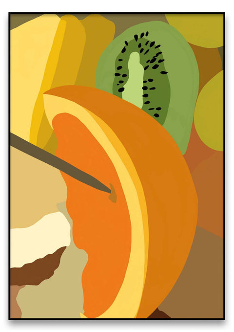 Eine Malerei & Illustration einer italienischen Frucht mit einem Messer.