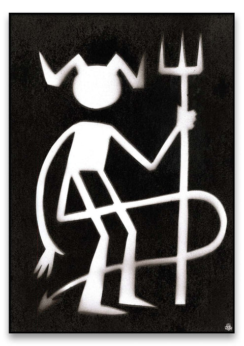 Eine Schwarz-Weiss Grafik von einem Teufel mit einer Mistgabel.