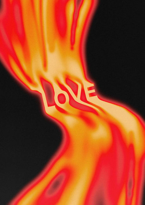 Das Wort Liebe in Flammen auf schwarzem Hintergrund schafft ein beeindruckendes Kunstwerk.