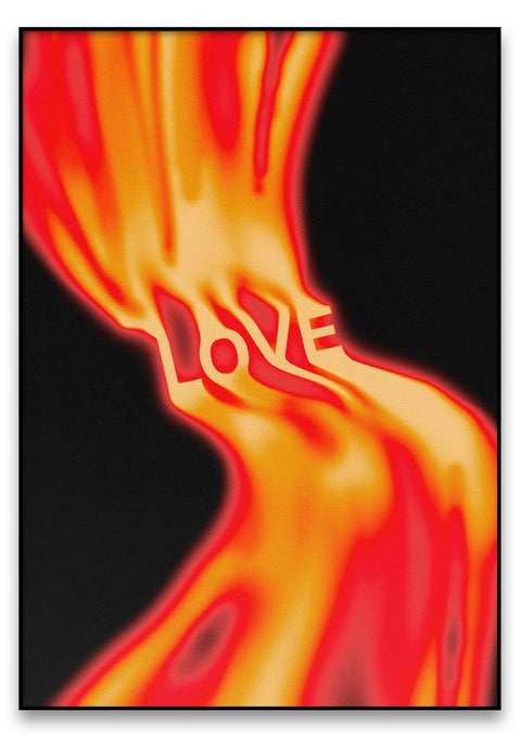 Ein Gemälde einer Flamme mit dem Wort „Liebe“ darauf.