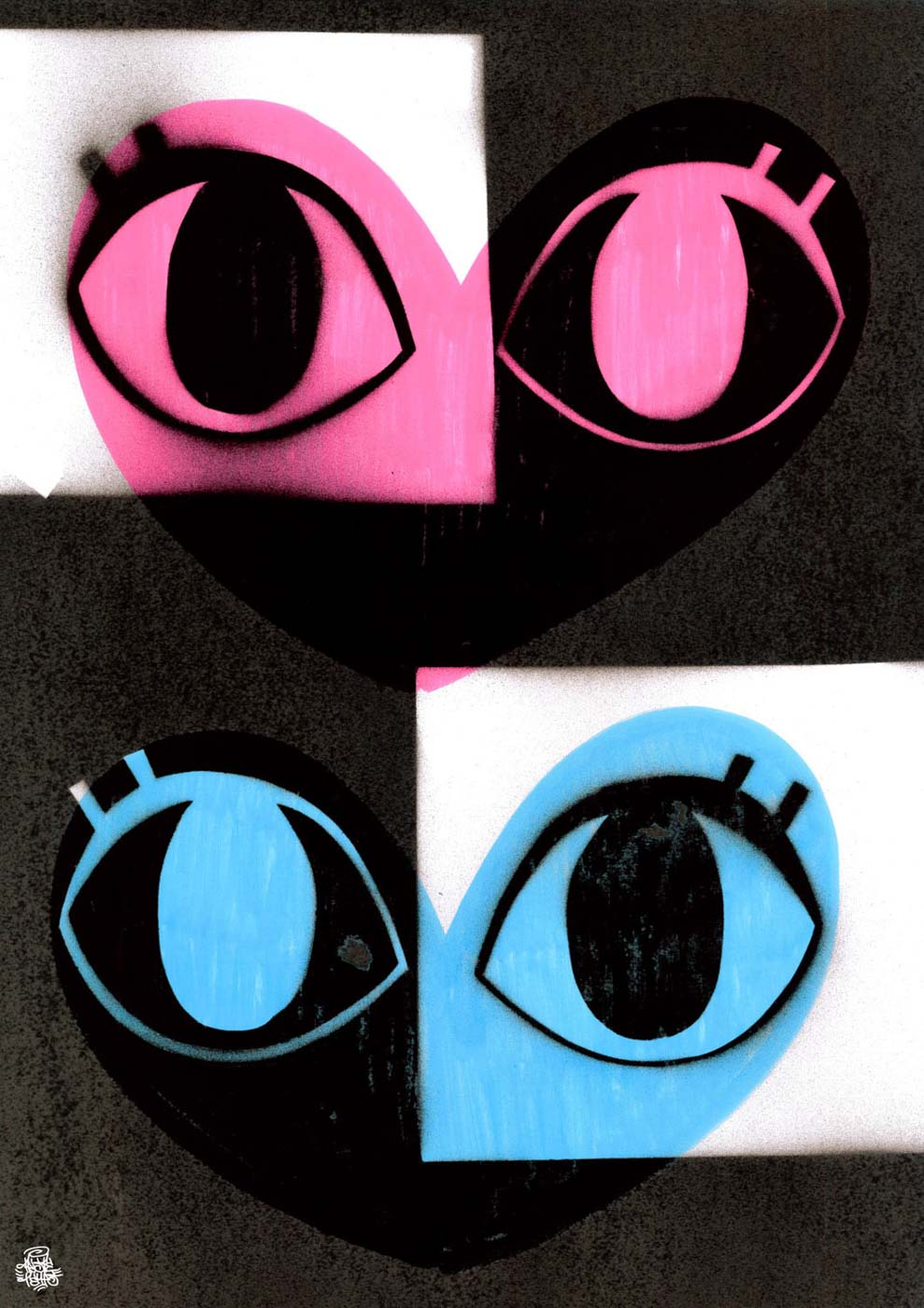 Zwei stilisierte Augen in Rosa und Blau in der Form eines Herzens auf einem schwarz-weißen Hintergrund Liebe und Geliebte.