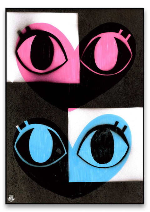 Satz mit Produktname: Zwei stilisierte Augen in Pink und Blau, Liebe und Geliebte auf einem schwarz-weißen Hintergrund.