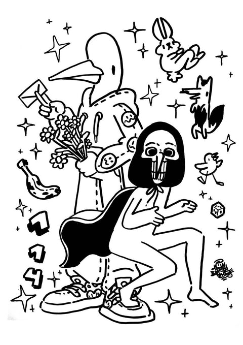 Eine Schwarz-Weiß-Illustration einer misslichen Lage und einer Frau.