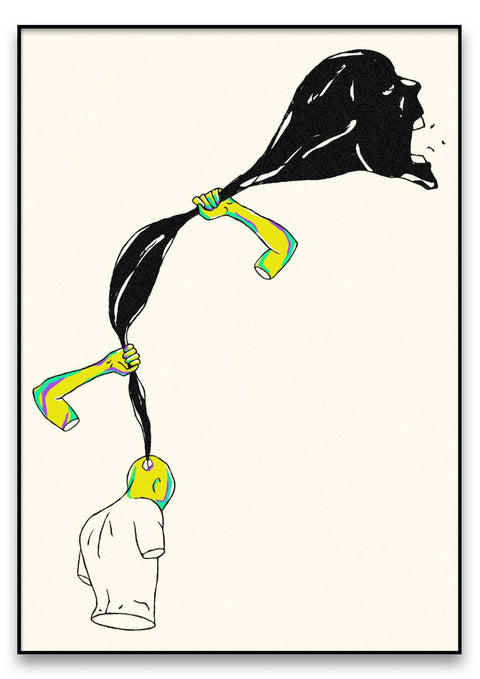 Eine Schwarz-Weiß-Illustration eines rasenden Geistes mit langen Haaren.