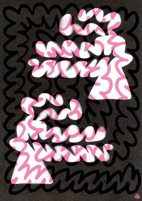 Eine abstrakte Grafik mit rosa und weißen Wirbeln auf einem schwarzen Hintergrund von „sehen und gesehen werden“.