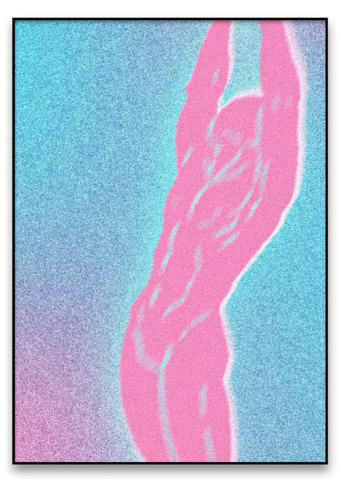 Eine abstrakte Malerei eines nackten Mannes in Farben der Kategorie Rosa und Blau.