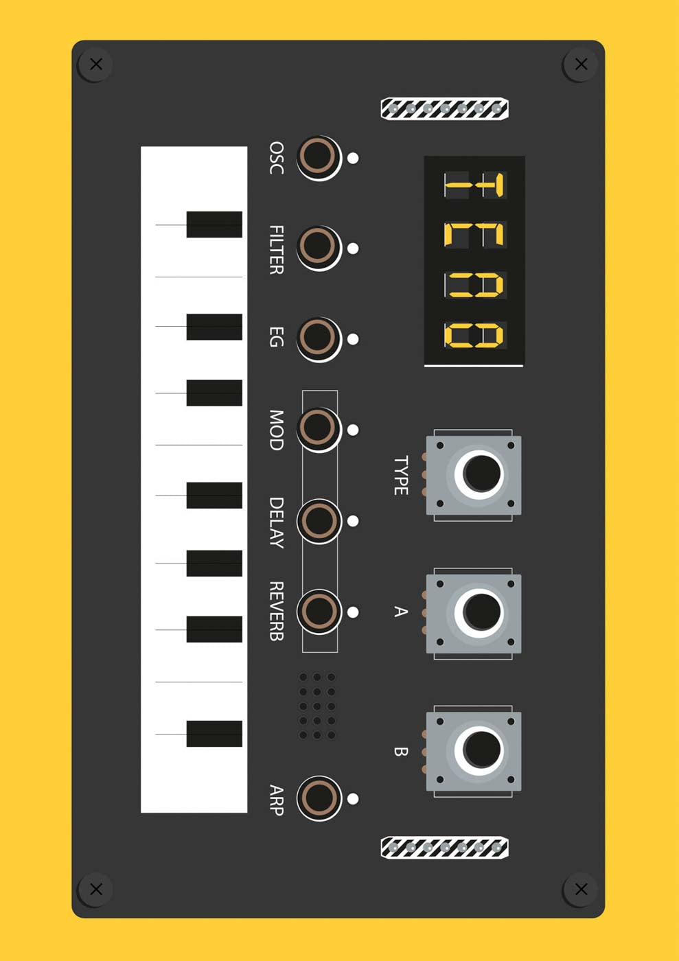 Ein schwarz-gelber Synthesizer auf gelbem Hintergrund mit einzigartigem Grafikdesign.