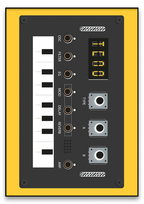 Ein gelb-schwarzer Synthesizer auf einem grafikgelben Hintergrund.